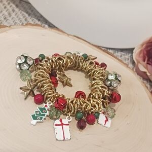 Festive Gold Charm Bracelet with Red and Green Accents Christmas Bangle